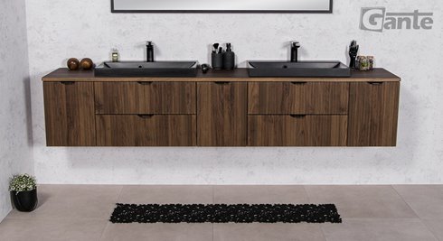 Szafka łazienkowa z lamelami wisząca z dwiema czarnymi umywalkami nablatowymi 210 cm 39/2 Victa Lamello kolor orzech