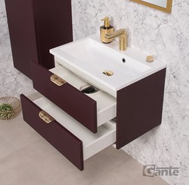 Burgundowa szafka łazienkowa wisząca z umywalką złoty uchwyt 60 cm Magnolia