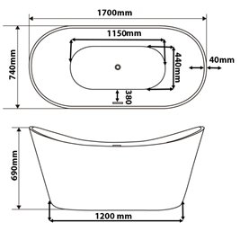 Wanna wolnostojąca czarno biała czarny przelew oraz korek 170 cm Rica Hydrosan