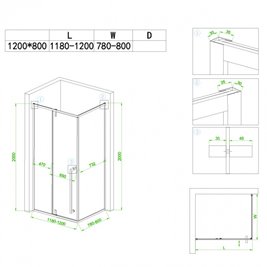 Czarna prostokątna kabina prysznicowa 120x80 drzwi uchylane BS12C