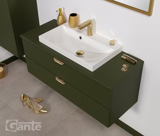 Szafka łazienkowa oliwkowa z umywalką nablatową złoty uchwyt 100 cm Magnolia Gante