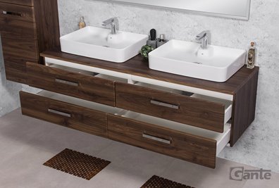 Szafka łazienkowa wisząca z dwiema umywalkami nablatowymi 160 cm 50/4 Fokus kolor orzech