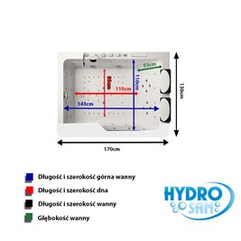 Wanna z hydromasażem prostokątna 170x130 cm Tugela-WH