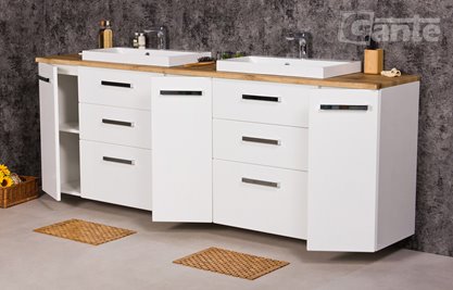 Szafka wisząca z dwiema umywalkami 210 cm z blatem w kolorze dąb naturalny 210/39/C3 seria Fokus B