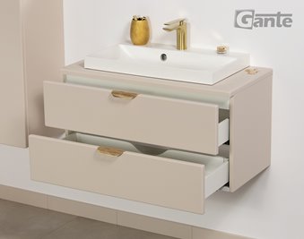 Piaskowa szafka łazienkowa wisząca z białą umywalką nablatową złoty uchwyt 80 cm Magnolia