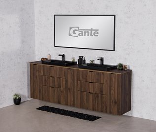 Szafka łazienkowa z lamelami wisząca z dwiema czarnymi umywalkami nablatowymi 210 cm 39/3 Victa Lamello kolor orzech