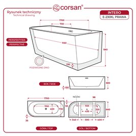 Wanna narożna przyścienna 170 cm Intero Corsan Prawa korek klik-klak chrom