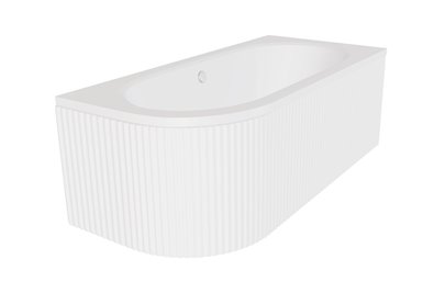 Biała ryflowana wanna asymetryczna akrylowa z obudową Avita Besco 160 cm Prawa