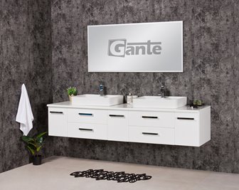 Szafka wisząca z dwiema umywalkami nablatowymi 210 cm z blatem w kolorze białym 210/39/C2 seria Fokus B