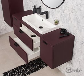 Burgundowa szafka łazienkowa wisząca z białą umywalką nablatową czarny uchwyt 120 cm Magnolia