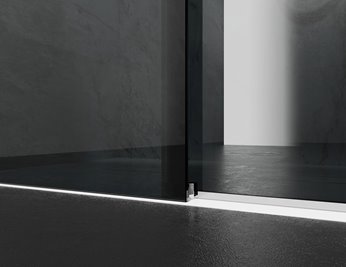 Drzwi prysznicowe rozsuwane prawe/lewe do wnęki 122-131 cm szkło 8mm grafitowe profile chrom Swiss Liniger