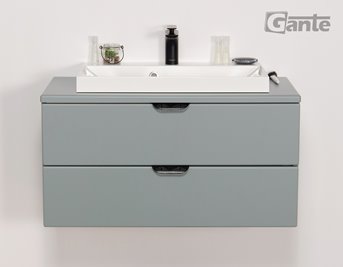 Miętowa szafka łazienkowa wisząca z białą umywalką nablatową czarny uchwyt 80 cm Magnolia