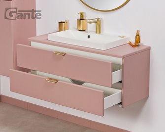 Szafka łazienkowa pudrowy róż z umywalką nablatową złoty uchwyt 100 cm Magnolia Gante
