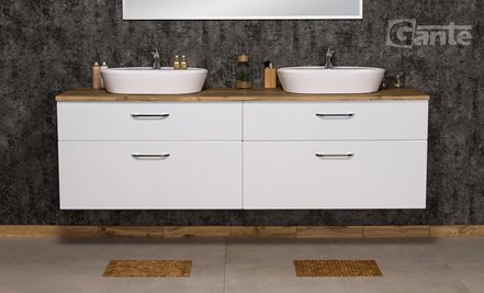 Szafka łazienkowa wisząca z dwiema umywalkami nablatowymi 200 cm SETTO MODULO kolor biały połysk