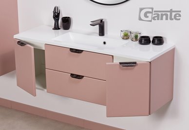 Szafka łazienkowa pudrowy róż z umywalką czarny uchwyt 120 cm Magnolia Gante