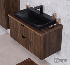 Szafka łazienkowa z lamelami wisząca z czarną umywalką nablatową 80 cm 39/2 Victa Lamello kolor orzech