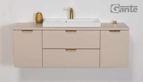 Piaskowa szafka łazienkowa wisząca z białą umywalką nablatową złoty uchwyt 120 cm Magnolia