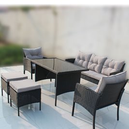 Zestaw mebli ogrodowych z technorattanu sofa, stół, krzesła, pufy Manas