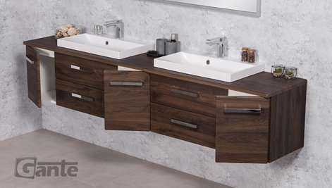 Szafka łazienkowa wisząca z dwiema umywalkami nablatowymi 210 cm 39/2 Fokus kolor orzech