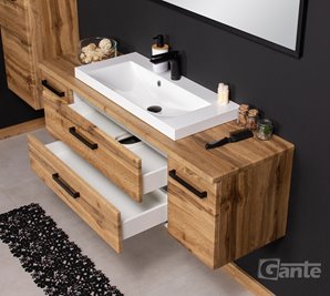 Szafka wisząca z białą umywalką nablatową 140 cm kolor dąb naturalny seria Fokus Loft Gante