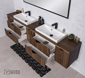 Szafka łazienkowa z lamelami wisząca z dwiema umywalkami nablatowymi 210 cm 39/2 Victa Lamello kolor orzech