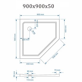 Biały brodzik prysznicowy pięciokątny 90x90 ST08B wysokość 5 cm