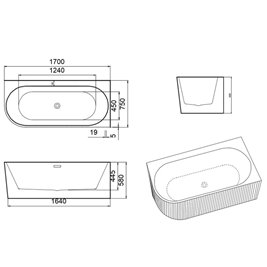 Wanna ryflowana przyścienna narożna prawa korek oraz przelew biały 170 cm Rio Hydrosan