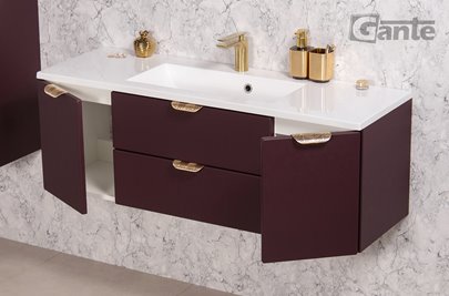 Burgundowa szafka łazienkowa wisząca z umywalką złoty uchwyt 120 cm Magnolia