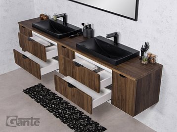 Szafka łazienkowa z lamelami wisząca z dwiema czarnymi umywalkami nablatowymi 210 cm 39/2 Victa Lamello kolor orzech