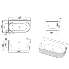 Wanna ryflowana przyścienna narożna lewa korek oraz przelew biały 140 cm Rio Hydrosan