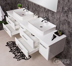 Szafka wisząca z dwiema umywalkami nablatowymi 210 cm z blatem w kolorze białym 210/39/C2 seria Fokus B