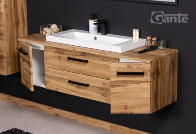 Szafka wisząca z białą umywalką nablatową 140 cm kolor dąb naturalny seria Fokus Loft Gante