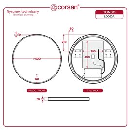 Lustro łazienkowe okrągłe 60 cm oświetlenie LED Tondo Corsan zdjęcie 10