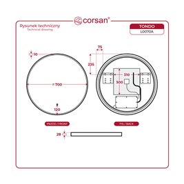 Lustro łazienkowe okrągłe 70 cm oświetlenie LED Tondo Corsan zdjęcie 10