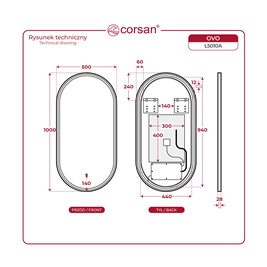 Lustro owalne 100x50 cm oświetlenie LED Ovo Corsan zdjęcie 6