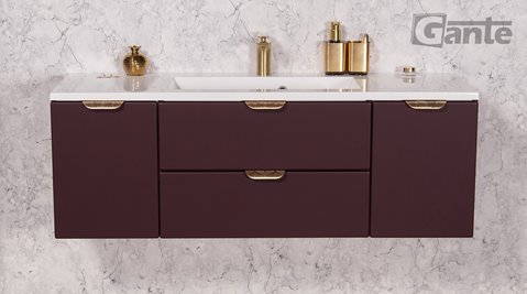 Burgundowa szafka łazienkowa wisząca z umywalką złoty uchwyt 120 cm Magnolia