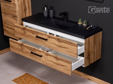 Szafka wisząca z czarną matową umywalką 120 cm kolor dąb naturalny S2 seria Fokus Loft Gante