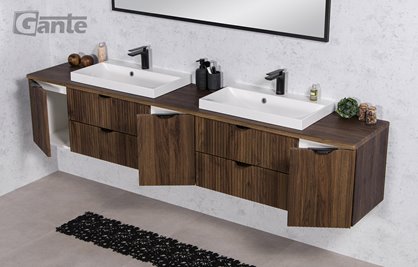 Szafka łazienkowa z lamelami wisząca z dwiema umywalkami nablatowymi 210 cm 39/2 Victa Lamello kolor orzech