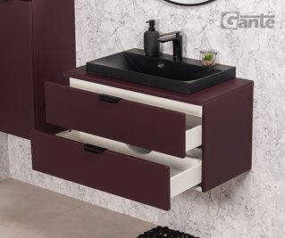 Burgundowa szafka łazienkowa wisząca z czarną umywalką nablatową czarny uchwyt 80 cm Magnolia