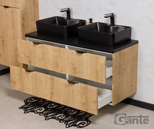 Szafka łazienkowa z dwiema czarnymi umywalkami wisząca dąb naturalny 120 cm Brendo Gante