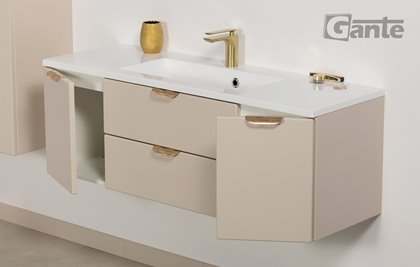 Piaskowa szafka łazienkowa wisząca z umywalką złoty uchwyt 120 cm Magnolia