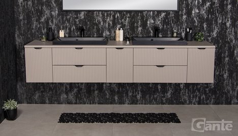 Szafka łazienkowa z lamelami wisząca z czarnymi nablatowymi umywalkami 210 cm 39/2 Victa Lamello kolor fume mat