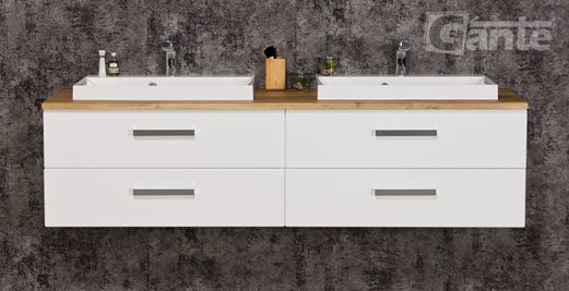 Szafka wisząca z dwiema umywalkami 160 cm blat dąb naturalny seria Fokus B