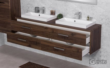 Szafka łazienkowa wisząca z dwiema umywalkami nablatowymi 160 cm 39/4 Fokus kolor orzech