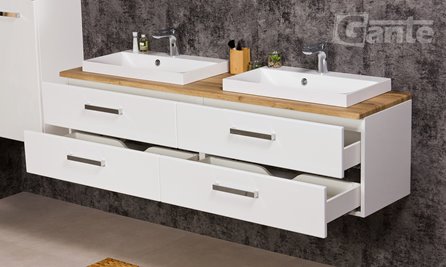 Szafka wisząca z dwiema umywalkami 160 cm blat dąb naturalny seria Fokus B