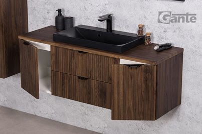 Szafka łazienkowa z lamelami wisząca z czarną umywalką nablatową 120 cm 39/2 Victa Lamello kolor orzech