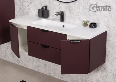 Burgundowa szafka łazienkowa wisząca z umywalką czarny uchwyt 120 cm Magnolia