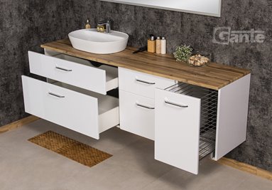 Duża szafka łazienkowa wisząca z umywalką nablatową i koszem 180 cm SETTO MODULO kolor biały połysk