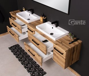 Szafka wisząca z dwiema umywalkami nablatowymi 210 cm kolor dąb naturalny seria Fokus Loft Gante