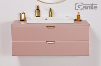 Szafka łazienkowa pudrowy róż z umywalką nablatową złoty uchwyt 100 cm Magnolia Gante